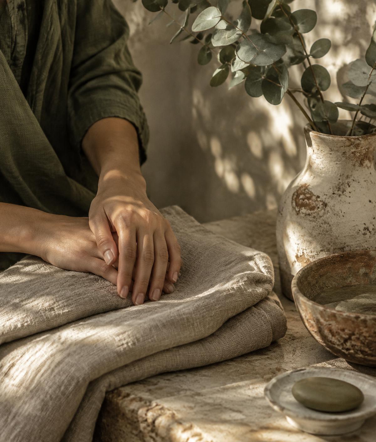 Hands resting on natural linen in warm sunlight